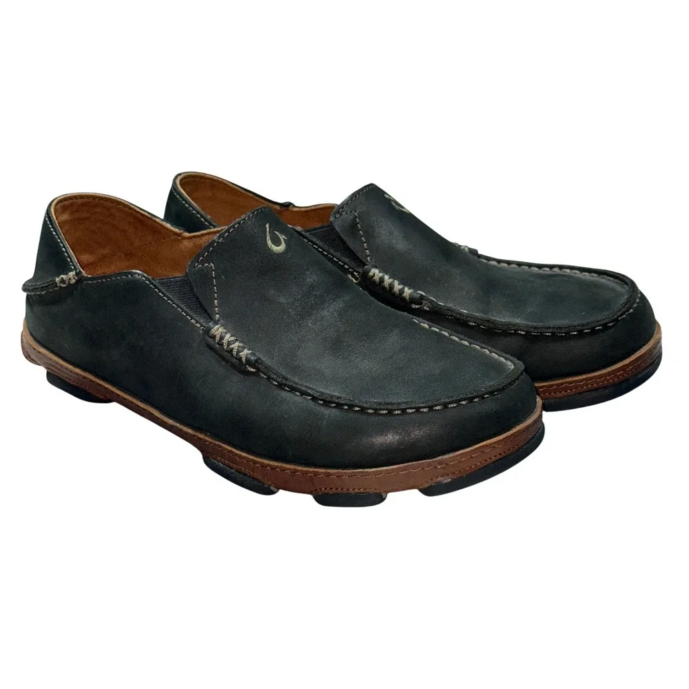 OluKai Moloa Black Leather Slip On Loafer‎ Shoes Men's 8 EU 41 Retail $140